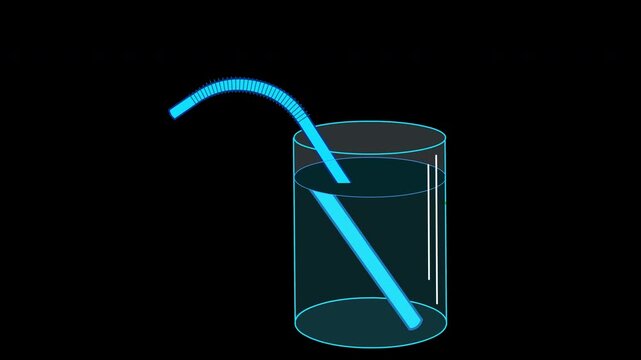 Refraction of light. Pipette, in a glass cup filled with water appears twisted. Bending light rays. Lens effect and change of angle of light. Educational animation video