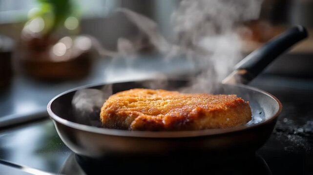 Close-up view of a breaded pork cutlet frying in a hot pan, releasing steam and sizzling in oil on a modern stovetop