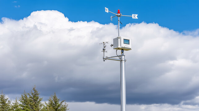 Weather station on a mast with sensors and a wind vane against a sky with large clouds the frame emphasizes weather monitoring and measurement equipment.