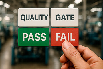 A hand holding a quality control pass or fail button in a factory setting