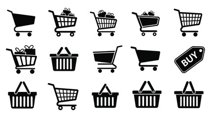 Collection of shopping carts and baskets in varying styles silhouette