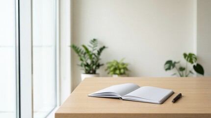 Open notebook and pen on a clean wooden desk in a bright, modern workspace with blurred plants by a window, ideal for planning and creativity