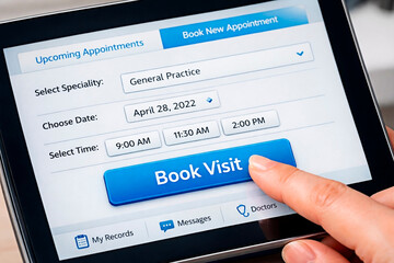 A person booking a medical appointment online using a digital tablet