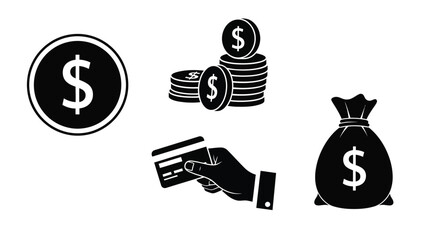 Financial icons featuring money cards and a bag a black silhouette