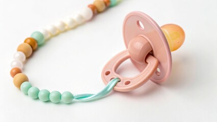Closeup of a pink pacifier with a beaded clip, isolated on white background