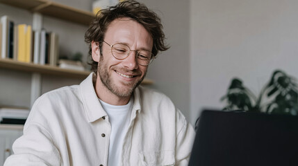 Fototapeta premium Man in a white cardigan smiles at a laptop with home shelves in the background creating a friendly professional portrait.