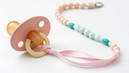 Pink pacifier with a pastel beaded clip and ribbon, isolated on white background