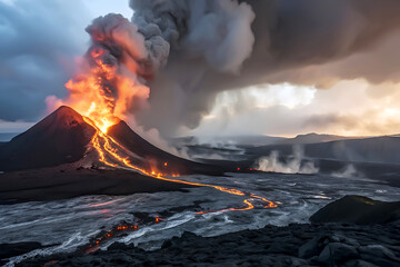 Volcanic Eruptions with Lava and Smoke on Earth Surface.