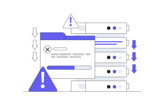 Server errors and failures. Poor Hosting Quality. Server Down. Traffic Flood, and DNS Issues. Service Disconnected. Server errors and failures. Flat Cartoon Vector Illustration, icon Stylish abstract 