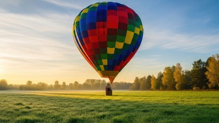 A colorful hot air balloon, on a foggy field, against a sunrise backdrop