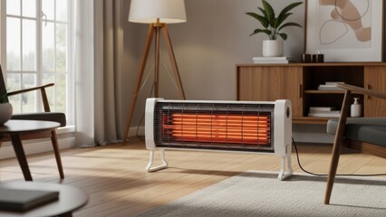 A cozy living room scene with an electric heater radiating warmth near wooden furniture