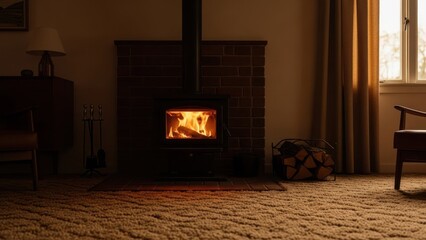 A cozy room features a lit fireplace, warm lighting, and classic mid-century furniture