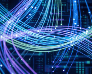 Digital technology abstract background modern design concept glowing fiber optic cable wave over data server grid circuit pattern Abstract technology background concept