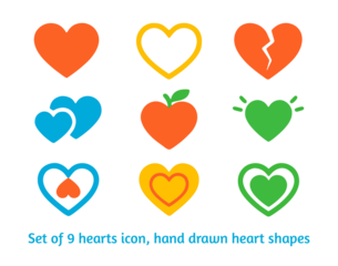 Set of 9 hearts icon, hand drawn heart shapes