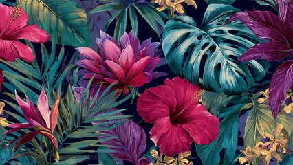 Vibrant Tropical Seamless Wallpaper Pattern Featuring Exotic Plants and Flowers