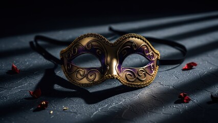 A decorative gold & purple mask, with black tie, sitting on a textured surface