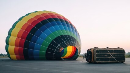 A deflated, rainbow-colored balloon sits on the ground near an equipment box at dawn