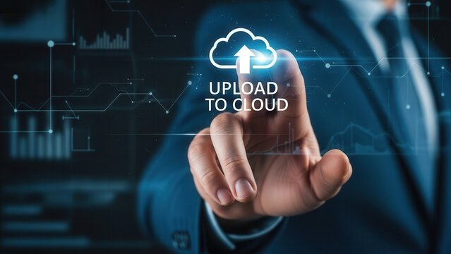 Closeup Businessman Hand selecting Upload to Cloud icon, representing server migration, data storage, digital backup, and SaaS technology solutions - Powered by Adobe