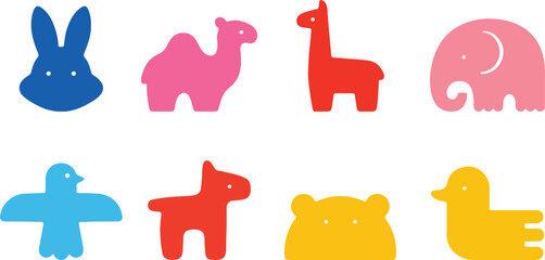 Cute Minimalist Animal Icons Set. Colorful Vector Illustration for Kids Elephant, Rabbit, Llama, Duck, Bear, Bird, Camel, Horse