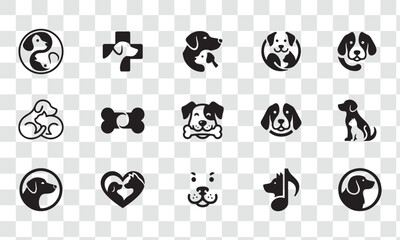 Dog and Pet Icons Set. Animal Care, Veterinary, Love, Puppy Silhouette Logos. Vector Collection