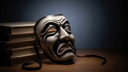 A dramatic, sad mask rests beside a stack of old, worn books on a wooden surface