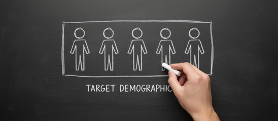 Hand Drawing Target Demographic Icons Chalkboard. Marketing Strategist Sketching Buyer Personas During Workshop, Chalk Dust, Monochrome Board Layout, Audience Figures Inside Rectangle,