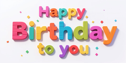 Fototapeta premium Multicolored wooden letters arranged to spell Happy Birthday to you on a white background, surrounded by small confetti pieces, in a festive and celebratory style.