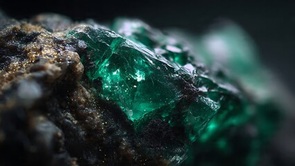 Jagged Edges of Glimmering Emerald Crystals on Dark Background