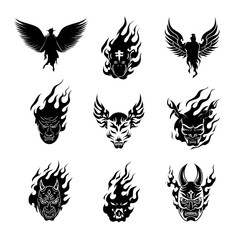 Naklejka premium Set of 9 flaming skull and winged bird silhouette icons isolated PNG with Transparent Background