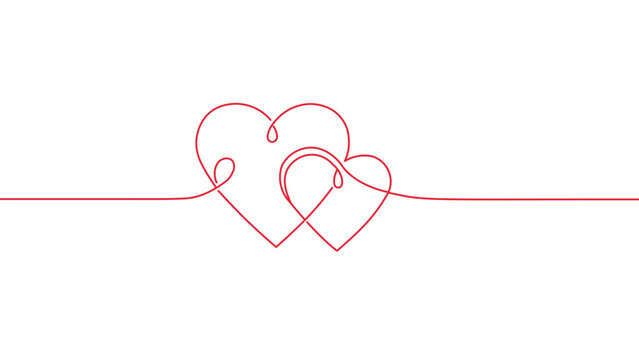 Red two hearts continuous line art banner minimalist Valentine's day background vector