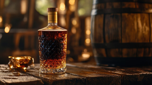 A bottle of liquor is on a table next to a barrel