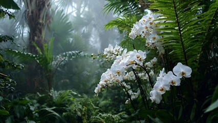 Lush Tropical Greenhouse Environment with Humid Atmosphere and White Orchids