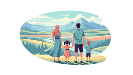 Family of four viewing vast mountain valley landscape from a grassy hilltop © firman