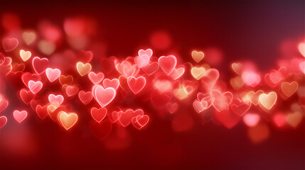 Abstract red background with glowing heart bokeh lights and soft blur. Dreamy romantic backdrop for Valentine marketing, wedding promo, love story visuals, copy space.