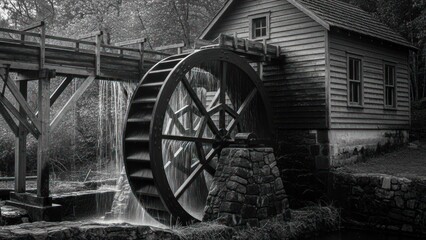 A grayscale image of a historic watermill, with a large wheel, wooden structure, and flowing water