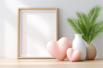 Minimal home interior mockup with empty wooden frame on shelf, green plant and pastel heart decor. Scandinavian wall art template for branding, prints and copy space.
