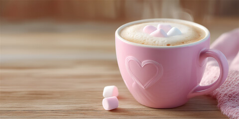 Pink mug of hot cocoa with heart imprint, marshmallows on wooden table. Sweet cozy drink concept for winter self care, romantic mood and lifestyle, copy space.