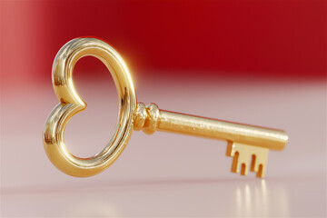Golden key with heart shaped bow on red background, shallow depth of field. Symbol of love, trust, home access and commitment, wedding or real estate concept, copy space.
