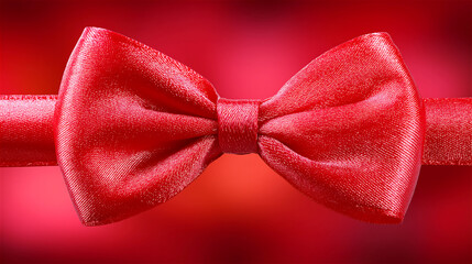 Closeup of red satin bow ribbon with studio lighting on bright background. Elegant gift wrapping decoration for holidays, weddings and celebrations, luxury style, copy space.