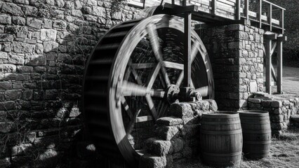 A grayscale image showcases a spinning water wheel integrated with a stone building