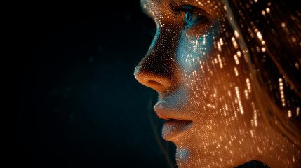 A woman's face merges with glowing binary code, visualizing the inescapable prominence of AI and its seamless integration into the very fabric of modern human society