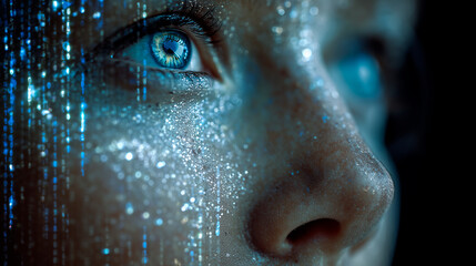 A woman's face merges with glowing binary code, visualizing the inescapable prominence of AI and its seamless integration into the very fabric of modern human society
