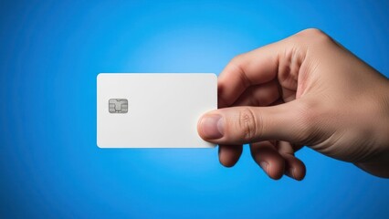 A hand holds a blank white payment card with a chip against a blue background