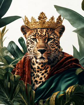 Royal leopard wearing a golden crown and luxurious cape among tropical leaves, symbol of wild grace, power and elegant authority