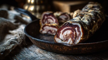 Pancetta photographed with cast-iron pan edge entering frame, rustic kitchen context