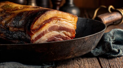 Pancetta photographed with cast-iron pan edge entering frame, rustic kitchen context