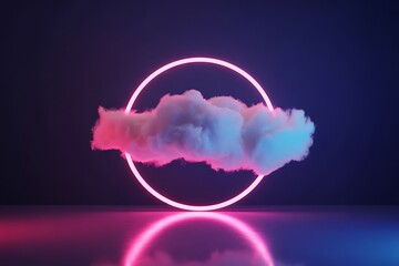 A neon ring encircles a fluffy cloud creating a surreal digital art piece