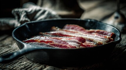 Pancetta photographed with cast-iron pan edge entering frame, rustic kitchen context