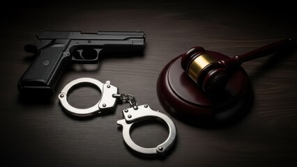A handgun, handcuffs, and a gavel on a dark wooden surface, symbolizing law and crime