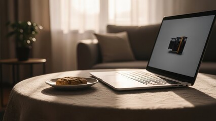 A laptop displays a camera image, with a cookie on a plate. Soft light bathes the scene